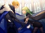  1boy 1girl armor black_legwear blonde_hair breasts byleth_(fire_emblem) byleth_(fire_emblem)_(female) cape dimitri_alexandre_blaiddyd elbow_pads eyebrows_visible_through_hair eyepatch feathers fire_emblem fire_emblem:_three_houses green_hair highres kyounatsuuu large_breasts long_hair midriff midriff_peek patterned_clothing petals reaching_out short_hair shorts simple_background stained_glass 