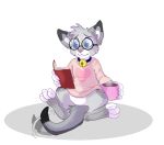  &lt;3 anthro bell bell_collar beverage book bottomless claws clothed clothing coffee coffee_mug collar cup domestic_cat egyptian_mau erulla eyewear felid feline felis glasses happy male mammal nixuelle pink_clothing pink_sweater pink_topwear reading reading_book sitting smile solo sweater topwear 