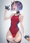  1girl bangs black_gloves blush bob_cut breasts choker eyeliner fate/grand_order fate_(series) gloves half_gloves highleg highleg_swimsuit highres horns imizu_(nitro_unknown) looking_at_viewer lotion lotion_bottle makeup one-piece_swimsuit oni oni_horns open_mouth purple_eyes purple_hair red_swimsuit short_hair shuten_douji_(fate/grand_order) skin-covered_horns small_breasts swimsuit thighs tongue tongue_out 