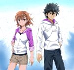  1boy 1girl absurdres bangs black_hair black_pants brown_eyes brown_hair brown_shorts cameron_(pawoo) casual collarbone floating_hair flower hair_between_eyes hair_flower hair_ornament hand_in_pocket hand_on_hip highres hood hooded_jacket jacket kamijou_touma long_sleeves misaka_mikoto pants purple_sleeves shiny shiny_hair short_hair short_shorts shorts spiked_hair standing sweater to_aru_majutsu_no_index white_flower white_jacket white_sweater 