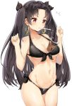  1girl absurdres bikini black_bikini black_hair blush breasts bubble_tea bubble_tea_challenge collarbone commentary_request drinking_straw earrings fate/grand_order fate_(series) hands_up highres hoop_earrings ishtar_(fate)_(all) ishtar_(fate/grand_order) jewelry large_breasts long_hair mouth_hold natsuichi-sama navel red_eyes side-tie_bikini simple_background solo swimsuit two_side_up white_background 