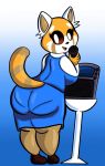  aggressive_retsuko ailurid anthro big_breasts big_butt blue_background breasts brown_eyes butt clothed clothing female hi_res holding_microphone holding_object looking_at_viewer looking_back mammal microphone open_mouth rear_view red_panda retsuko sanrio simple_background slightly_chubby smile solo someth1ngoranother standing thick_thighs tongue wide_hips 