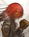  1girl blood blood_on_face clenched_hand commentary_request cyborg damaged kazunari_(prawn10231) long_hair mechanical_parts original partial_commentary prosthesis red_eyes red_hair science_fiction solo steampunk 