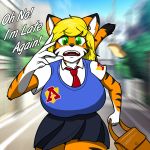  anthro clothing dialogue felid female hair hi_res mammal necktie pantherine school_uniform solo tabykat tabytha_starling tiger uniform 