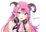  1girl :d asymmetrical_horns bare_shoulders blonde_hair blush breasts demon_horns eyebrows_visible_through_hair green_eyes hair_between_eyes hair_ornament hands_together headphones headphones_around_neck hololive horns long_hair looking_at_viewer mano_aloe multicolored_hair open_mouth pink_hair pointy_ears smile sweatdrop tomari_(veryberry00) two-tone_hair virtual_youtuber 
