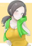  1girl bangs bare_shoulders black_hair blush breasts chiji_komari cleavage collarbone commentary copyright_name forehead grey_eyes highres large_breasts looking_at_viewer open_mouth parted_bangs ponytail shirt simple_background sleeveless solo super_smash_bros. sweat tank_top towel translated white_skin wii_fit wii_fit_trainer yellow_background yellow_shirt 