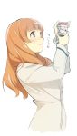  1girl :d check_copyright copyright_request eyebrows_visible_through_hair from_side hands_up heart highres holding jacket long_hair long_sleeves nonco open_mouth orange_hair original purple_eyes simple_background smile solo upper_body white_background white_jacket 