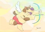  anthro belly bow_(weapon) canid canine canis clothed clothing domestic_dog fur gmarrascapache hi_res male mammal navel overweight overweight_anthro overweight_male ranged_weapon simple_background slightly_chubby solo tattoo underwear weapon wings 