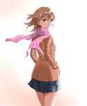  1girl absurdres bangs brown_coat brown_eyes brown_hair cameron_(pawoo) closed_mouth coat cowboy_shot floating_hair flower grey_skirt hair_between_eyes hair_flower hair_ornament hands_in_pocket highres long_sleeves looking_at_viewer looking_back medium_hair miniskirt misaka_mikoto pink_scarf plaid plaid_skirt pleated_skirt scarf shiny shiny_hair simple_background skirt smile solo standing to_aru_majutsu_no_index white_background white_flower 