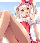  1girl blue_sky fate/grand_order fate/kaleid_liner_prisma_illya fate_(series) heart illyasviel_von_einzbern illyasviel_von_einzbern_(swimsuit) looking_at_viewer one-piece_swimsuit red_eyes ribbon rougetsu_(eclipse) sitting sky smile solo swimsuit twintails visor_cap white_hair 