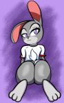  anthro bent_over big_butt butt canid canine clothed clothing disney female fur grey_body grey_fur hi_res judy_hopps kneeling lagomorph leporid looking_at_viewer looking_back mammal narrowed_eyes purple_background purple_eyes rabbit simple_background smile solo someth1ngoranother thick_thighs wide_hips zootopia 