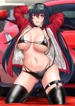  1girl absurdres arms_behind_head azur_lane bangs bare_shoulders bikini black_bikini black_choker black_hair black_legwear blueriest blush breasts car choker cleavage eyewear_on_head ferrari_f8_tributo ground_vehicle hair_between_eyes highres jacket kneeling large_breasts long_hair looking_at_viewer motor_vehicle multi-strapped_bikini navel parted_lips race_queen red_eyes red_jacket solo swimsuit taihou_(azur_lane) taihou_(enraptured_companion)_(azur_lane) thighhighs 