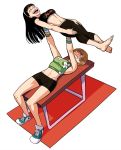  2girls amagi_yukiko barefoot bench_press bike_shorts black_hair brown_hair character_name clenched_teeth crop_top floral_print highres kriss_essem laughing lifting_person long_hair lying multiple_girls on_back pants persona persona_4 satonaka_chie shoes short_hair sneakers sports_bra tank_top teeth toes yoga_pants 