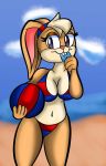  anthro beach big_breasts blonde_hair breasts buckteeth cleavage clothed clothing cloud female fur grey_eyes hair hi_res lagomorph leporid lola_bunny looking_at_viewer looney_tunes mammal narrowed_eyes rabbit seaside smile solo someth1ngoranother standing teeth thick_thighs warner_brothers 