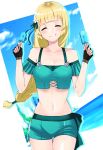  1girl bikini blonde_hair closed_eyes closed_mouth fingerless_gloves fire_emblem fire_emblem:_three_houses fire_emblem_heroes flower food gloves hair_flower hair_ornament highres holding ingrid_brandl_galatea long_hair midriff popsicle smile solo swimsuit tpicm 