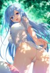  1girl :d ass bangs bikini blue_eyes blue_hair blush breasts day emori_miku emori_miku_project eyebrows_visible_through_hair from_behind highres large_breasts long_hair looking_at_viewer looking_back open_mouth outdoors see-through shade shirt smile solo sunlight swimsuit thighs twisted_torso very_long_hair wet wet_clothes wet_shirt white_bikini white_shirt yasuyuki 
