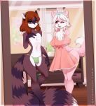  2020 anthro brown_hair canid canine canis clothed clothing detailed_background digital_media_(artwork) domestic_dog eyebrows eyelashes fur girly hair hi_res male mammal pink_body pink_fur procyonid re-sublimity-kun smile 