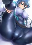  1girl absurdres aqua_eyes ass black_bodysuit black_hair bodysuit bodysuit_under_clothes breasts cameltoe covered_navel covered_nipples gundam gundam_build_divers gundam_build_divers_re:rise highres impossible_bodysuit impossible_clothes katourennyu large_breasts long_hair looking_at_viewer may_(gundam_build_divers_re:rise) shiny shiny_clothes shiny_hair shiny_skin shrug_(clothing) solo spread_legs white_background 