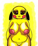  anthro big_breasts breasts brown_eyes female fur genitals hi_res looking_at_viewer mammal narrowed_eyes nintendo nipples nude pikachu pok&eacute;mon pok&eacute;mon_(species) pussy rodent simple_background smile solo someth1ngoranother standing thick_thighs video_games wide_hips yellow_body yellow_fur 