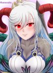  1girl amezuku black_shirt blush breasts cleavage collarbone commentary_request covered_collarbone dress fire_emblem fire_emblem_heroes freyja_(fire_emblem) highres horns large_breasts light_smile looking_at_viewer plant red_eyes red_horns shirt silver_hair solo thorns twitter_username upper_body vines white_dress 