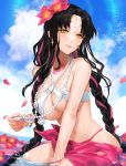  1girl alternate_costume bandeau bangs bikini black_hair blue_sky braid breasts chest_tattoo cleavage closed_mouth cloud commentary_request earrings facial_mark falling_petals fate/grand_order fate_(series) flower forehead_mark hair_flower hair_ornament highres jewelry large_breasts long_hair multicolored_hair necklace nima_(niru54) parted_bangs partially_submerged pearl_necklace pink_bikini pink_lips pink_sarong sarong sesshouin_kiara sesshouin_kiara_(swimsuit) sitting sky smile streaked_hair swimsuit tattoo twin_braids underboob very_long_hair water yellow_eyes 