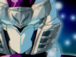  1990s_(style) blue_eyes blurry blurry_background close-up e3_tsubasa_(shinkalion) film_grain glowing glowing_eyes i24md looking_at_viewer mecha no_humans parody shinkansen_henkei_robo_shinkalion solo style_parody 