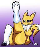  anthro big_breasts big_butt blue_eyes breasts butt canid canine digimon digimon_(species) female fur genitals hi_res looking_at_viewer mammal nude open_mouth purple_background raised_leg renamon simple_background sitting solo someth1ngoranother thick_thighs tuft white_body white_fur wide_hips yellow_body yellow_fur 