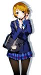  1girl bangs black_legwear blonde_hair blue_jacket blue_neckwear blue_skirt bow bowtie eyebrows_visible_through_hair hair_between_eyes highres jacket koizumi_hanayo long_sleeves looking_at_viewer love_live! love_live!_school_idol_project miniskirt nakano_maru open_mouth otonokizaka_school_uniform panties pantyshot plaid plaid_skirt pleated_skirt red_eyes school_uniform shadow shiny shiny_hair short_hair simple_background skirt solo standing striped striped_bow striped_neckwear swept_bangs underwear white_background 