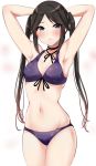  1girl absurdres armpits arms_up bangs bikini black_hair blue_eyes blush breasts choker cleavage cowboy_shot embarrassed frown highres idolmaster idolmaster_shiny_colors long_hair looking_at_viewer mitsumine_yuika murabito_c navel parted_bangs purple_bikini ribbon_choker sidelocks simple_background small_breasts solo swimsuit twintails 