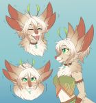  &lt;3 2020 4_ears anthro blush breasts brown_body brown_collar brown_fur canid canine clothed clothing collar countershade_torso countershading digital_media_(artwork) emanata eyes_closed female fur green_clothing green_eyes green_sclera hi_res inner_ear_fluff mammal midriff multi_ear multicolored_body multicolored_fur navel open_mouth smile solo spots spotted_body spotted_fur tan_body tan_fur teeth thecatnamedfish tongue tuft white_body white_countershading white_fur 
