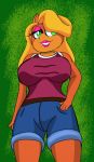  activision anthro bandicoot big_breasts black_nose blonde_hair breasts clothed clothing crash_bandicoot_(series) eyeshadow female green_background green_eyes hair half-closed_eyes hand_on_hip hi_res long_hair makeup mammal marsupial narrowed_eyes simple_background smile solo someth1ngoranother standing tawna_bandicoot teeth thick_thighs video_games 