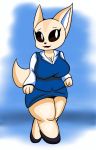  aggressive_retsuko anthro big_breasts blue_background breasts brown_eyes canid canine cleavage clothed clothing female fennec fenneko fox fur hi_res looking_at_viewer mammal open_mouth sanrio simple_background slightly_chubby smile solo someth1ngoranother standing thick_thighs tongue wide_hips 