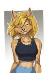  anthro canid canine clothing faogwolf female hair happy hi_res mammal smile solo 