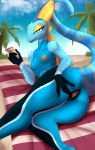  absurd_res anthro beach bedroom_eyes female genitals hi_res inteleon narrowed_eyes nintendo nipples nude pok&eacute;mon pok&eacute;mon_(species) pussy seaside seductive skylosminkan solo spreading video_games 