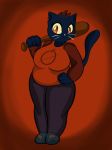  anthro baseball_bat bat_(object) breasts clothed clothing domestic_cat felid feline felis female fur hand_on_hip hi_res holding_object mae_borowski mammal night_in_the_woods red_background red_eyes simple_background slightly_chubby solo someth1ngoranother standing thick_thighs video_games wide_hips 