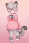  anthro beverage bottomless chibi clothed clothing coffee coffee_mug cup cute_expression domestic_cat egyptian_mau eyewear felid feline felis glasses happy hi_res male mammal nixuelle pervenche pink_clothing pink_sweater pink_topwear smile solo sweater topwear turtleneck 