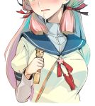  1girl akashi_(kantai_collection) blue_sailor_collar colored_inner_hair head_out_of_frame highres holding kantai_collection long_hair long_sleeves multicolored_hair naka_(kantai_collection) nonco parted_lips pink_hair puffy_short_sleeves puffy_sleeves sailor_collar saliva school_uniform serafuku shirt short_over_long_sleeves short_sleeves sidelocks snot solo upper_body 