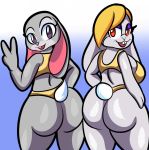  anthro big_breasts big_butt bikini blonde_hair blue_background breasts broodal buckteeth butt clothed clothing disney duo female fur gesture grey_body grey_fur hair hand_on_hip hariet_(mario) hi_res judy_hopps lagomorph leporid looking_at_viewer looking_back mammal mario_bros narrowed_eyes nintendo open_mouth purple_eyes rabbit rear_view red_eyes simple_background smile someth1ngoranother standing super_mario_odyssey swimwear teeth thick_thighs v_sign video_games wide_hips zootopia 