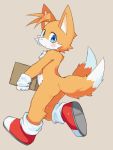  2020 2_tails anthro biped blush box butt canid canine clothing footwear fox fur gloves green_eyes grey_background handwear holding_object male mammal miles_prower multi_tail ra_tenpu shoes simple_background solo sonic_the_hedgehog_(series) walking white_body white_fur yellow_body yellow_fur 