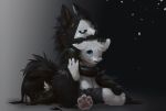  2019 anthro black_body black_fur blue_eyes bottomwear canid canine canis changed_(video_game) clothing duo embrace fur goo_creature kneeling lin_(changed) male mammal mask one_eye_closed pawpads puro_(changed) shorts simple_background sitting unknown_artist white_body white_fur 