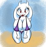 anthro beach big_breasts bikini boss_monster bovid breasts caprine cleavage clothed clothing female fur hand_on_leg hi_res horn kneeling looking_at_viewer mammal open_mouth red_eyes seaside smile solo someth1ngoranother swimwear teeth thick_thighs toriel undertale video_games white_body white_fur wide_hips 