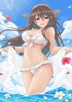  1girl :d alternate_costume bare_shoulders bikini black_hair blush breasts brown_eyes cleavage day flower frilled_bikini frills gensoukitan groin hair_ornament hairband hairclip haruna_(kantai_collection) headgear hibiscus highres holding kantai_collection large_breasts long_hair looking_at_viewer navel open_mouth outdoors smile solo stomach swimsuit thighs wading white_bikini 
