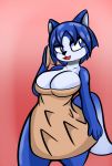  anthro bathrobe big_breasts blue_body blue_eyes blue_fur blue_hair breasts canid canine cleavage clothed clothing female fox fur hair hi_res krystal mammal narrowed_eyes nintendo open_mouth pink_background robe simple_background smile solo someth1ngoranother standing star_fox teeth thick_thighs tongue towel video_games white_body white_fur wide_hips 
