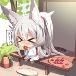  &gt;_&lt; 1girl absurdly_long_hair afterimage animal_ear_fluff animal_ears bangs barefoot blush chibi closed_eyes eating eyebrows_visible_through_hair food fox_ears fox_girl fox_tail fruit hair_between_eyes highres holding holding_food japanese_clothes kimono long_hair long_sleeves nose_blush obi original ponytail sash silver_hair sitting solo sweat tail tray tree umeboshi very_long_hair white_kimono wide_sleeves yuuji_(yukimimi) 