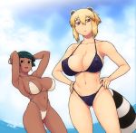  2girls animal_ears araiguma-san armpits ass_visible_through_thighs bangle bikini black_bikini black_eyes black_hair blonde_hair bracelet breasts cleavage cloud cloudy_sky covered_nipples dated day earrings expressionless eyeliner fingernails friendly_mutton_chops gold_earrings hair_between_eyes hands_on_hips highleg highleg_bikini jewelry large_breasts makeup mole mole_on_breast multiple_girls navel nefertari_(tsukudani) ocean open_mouth original raccoon_ears raccoon_girl raccoon_tail red_eyes short_hair sky spaghetti_strap strap_gap swimsuit tail tsukudani_(coke-buta) very_short_hair white_bikini 