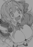  1girl absurdres bangs blush braid breasts cleavage drooling gloves greyscale hair_ribbon highres hoosaku large_breasts long_hair monochrome open_mouth pecorine princess_connect! princess_connect!_re:dive puffy_short_sleeves puffy_sleeves ribbon short_sleeves shrug_(clothing) side_braid skirt smile tiara 