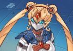  1girl android artist_name bishoujo_senshi_sailor_moon blue_eyes breasts english_commentary glowing glowing_eyes highres large_breasts looking_up mechanization metal_skin no_humans oatmegaplus robot sailor_moon sailor_moon_redraw_challenge solo 