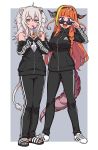  2girls adidas adjusting_eyewear ahoge animal_ears bangs bare_shoulders blonde_hair blush bow breasts cup dragon_horns dragon_tail drinking drinking_straw earrings eyebrows_visible_through_hair full_body grey_eyes grey_hair hair_between_eyes hairband highres holding hololive horn_bow horns jacket jewelry kiryuu_coco large_breasts lion_ears lion_girl lion_tail long_hair looking_at_viewer multicolored_hair multiple_girls open_mouth orange_hair pants partially_unzipped purple_eyes sandals shishiro_botan shoes smile sneakers solo sportswear standing sunglasses sweatpants tail virtual_youtuber yoban 