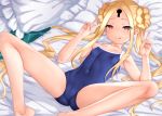  1girl abigail_williams_(fate/grand_order) abigail_williams_(swimsuit) bangs bare_shoulders blonde_hair blue_swimsuit blush breasts covered_navel fate/grand_order fate_(series) forehead highres keyhole long_hair looking_at_viewer lying okina_ika on_back one-piece_swimsuit parted_bangs red_eyes sidelocks small_breasts smile spread_legs swimsuit thighs 