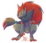  alpha_channel black_body black_fur blue_eyes claws fangs fur grey_body grey_fur hair head_markings highlights_(coloring) inner_ear_fluff long_hair markings nintendo pok&eacute;mon pok&eacute;mon_(species) ponytail red_claws red_hair red_inner_ear red_markings s3aparty shoulder_tuft simple_background smile solo toe_claws transparent_background tuft video_games zoroark 